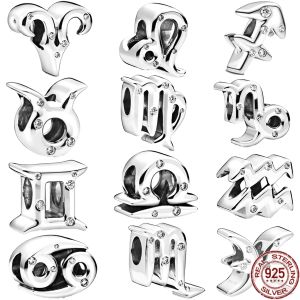 925 Sterling Silver Sparkling Zodiac modieuze 12 Zodiac kralen Aries kanker libra charme fit originele pan armband sieraden cadeau gratis verzending