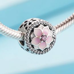 Fleur de magnolia de printemps en argent sterling 925 avec perle Cz transparente pour bracelets à breloques de style Pandora bijoux européens