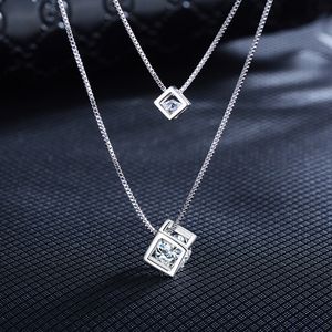 925 Cube carré en argent sterling strassons de coule de cou collier de couloir femmes pendentifs à double couche Colliers bijoux H029