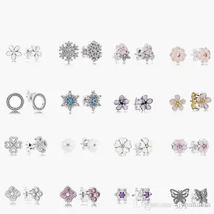 925 sterling zilveren stud gloednieuwe sprankelende dubbele hoepel oorbellen hoge sieraden bloem vlinder oorstekers bedel kralen stofzak geschenken passen pandora bedel