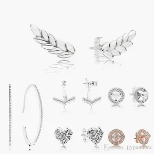 925 Sterling Silver Stud Gloednieuwe Sprankelende Dubbele Hoop Oorbellen Hoge Sieraden Veer Bloem Type Hollow Oor Studs Stofzak Geschenken Fit Pandora Charme