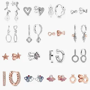 Pendientes de aro de plata de ley 925 a estrenar Pendientes de aro doble espumoso Alta joyería estrella de oro rosa amor Pendientes de botón encanto Bolsa de polvo Regalos aptos Pandora Charm