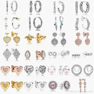 925 Sterling Zilveren Stud Gloednieuwe Sprankelende Dubbele Hoop Oorbellen Hoge Sieraden Rose Gold Gold Heart Oor Studs Charm Beads Dust Bag Geschenken Fit Pandora Charme