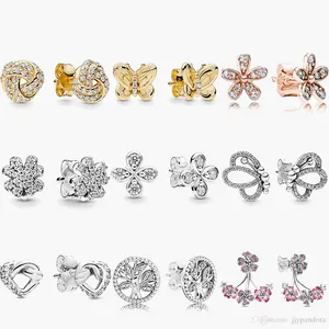 925 Sterling Silver Stud Marca Nuevo brillante Doble aro Pendientes de doble Joyería Four Pétalos Decorativo Mariposa Silueta Bolsa de polvo Regalos Fit Pandora encanto