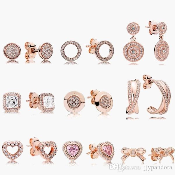 925 Sterling Silver Stud Brand New Sparkling Double Hoop Boucles d'oreilles Haute Bijoux rond amour coeur or rose Boucles d'oreilles Sac à poussière Cadeaux fit Pandora Charm