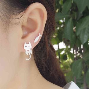 Boucles d'oreilles en argent sterling 925 avec chat et poisson pour femmes