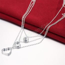 925 Sterling Silver Three Chain Heart Pendant Necklace for Women Charm Wedding Engagement Party Fashion Jewelry