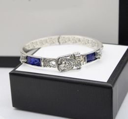 925 Sterling Silver Tiger Head Blue Enamel Couple Bracelet Men and Women Mark Luxur