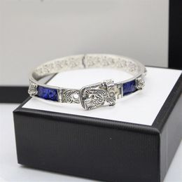 925 STERLING Silver Tiger Head Blue Enamel Couple Bracelet Men and Women Brand Luxur