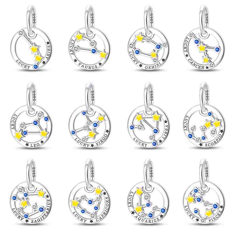 925 Sterling Silver Twelve Constellations Luminous Charms Beads Fit Pando Original Bracelets Fine DIY Birthday Jewelry Gifts