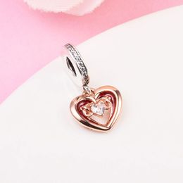 925 Sterling Silver Two-Tone Radiant Heart Dangbleed Bead past Europese sieraden Pandora Style Bracables