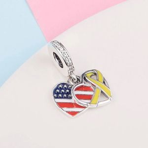 Perle pendante en argent sterling 925 avec drapeau américain en forme de cœur pour bracelets à breloques de style Pandora européen