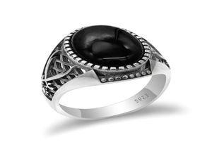925 Sterling Silver Vintage Men Ring met Black Agate Stone Ring Dubbele zwaarden Thai Silver Style voor Manturkish Handmade Jewelry8007305