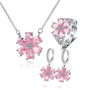 925 Sterling zilveren trouwring vrouwen roze bloemarmbanden oorbellen ketting ringen mode sieraden sets 240524