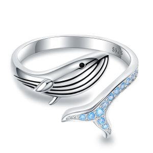 925 STERLING Silver Whale Finger réglable Animaux de mer mignons Fish Fish Open Ring anniversaire Bijoux de Noël Gift For Women Teen Girls