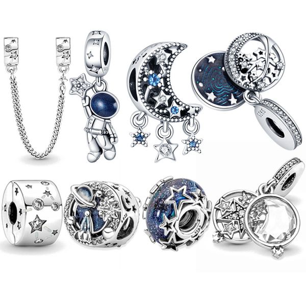 Charm de plata de ley 925 para mujer, nueva estrella, galaxia, astronauta, estrella y luz de luna, joyería adecuada para pulseras Pandora, cuentas de moda