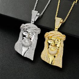 92MM de haut grand jésus pièce pendentifs colliers Hip Hop cubique zircone pavé Bling glacé hommes rappeur bijoux or couleur 1252w