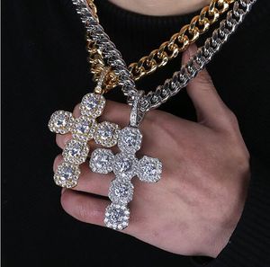 Collier avec pendentif croix glacée de grande taille de 92 mm, bling micro pavé de zircone cubique, diamants simulés, chaîne cubaine de 10 mm, 18 pouces, style rétro