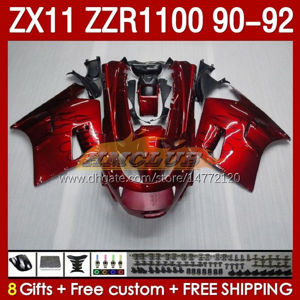 Kit de carénages pour KAWASAKI NINJA ZX 11 R 11R ZX-11 R ZZR1100 ZZR 1100 CC Corps 164No.0 ZX11 R 90-92 ZX-11R ZZR-1100 ZX11R 90 91 92 1990 1991 1992 ABS Carénage complet Rouge métallique