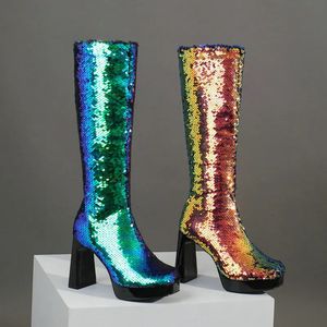 949 Sier Blue Women Green Knee Platform Square High Heel Ladies Calf Sequin Tissu rond Bottes de femmes 231219