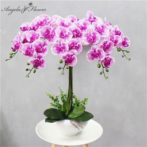 95 cm 9 têtes de fleurs artificielles real touch latex papillon orchidée décor bureau maison mariage de Noël PU fleurs artificielles pot Y201020