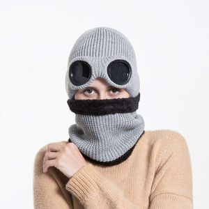 Chapeau en laine pour femmes, coupe-vent, protection des oreilles, chaud, tricoté avec lunettes en velours, nouvelle collection hiver 9529