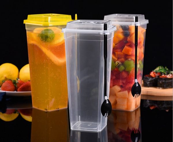 Tasses jetables de 960ML en plastique transparent épais tasse à thé de jus de couvercle potable avec la fourchette