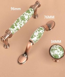 96 mm Europe Style Wit en groene porselein meubels Handgreep Red bronzen kastlade Knop Antiek koperen dressoirhandgreep1341573