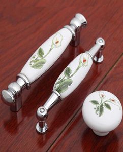 Poignées de meubles en céramique rurale de 96mm, boutons de tiroir d'armoire de cuisine en porcelaine blanche et verte, poignées de porte de commode en argent chromé 2941337