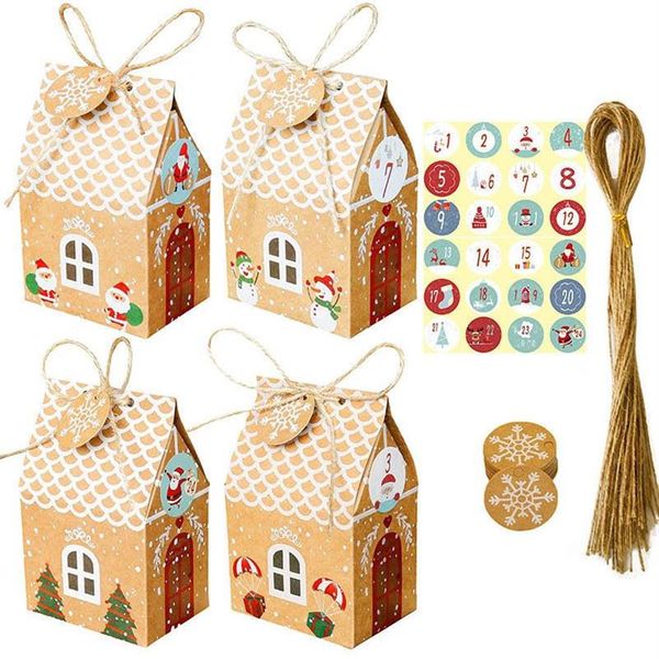 96pcsset coffrets cadeaux de bonbons en forme de maison de Noël avec étiquette en papier kraft et autocollant décoration de Noël pour sac d'emballage cadeau à la maison 20279U