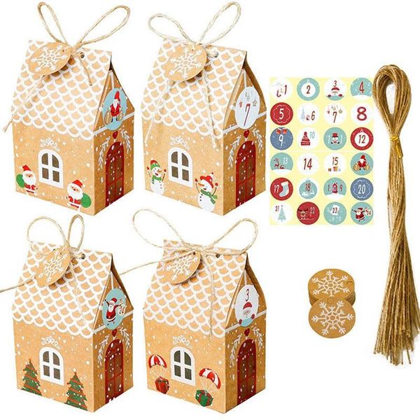 96pcsset coffrets cadeaux de bonbons en forme de maison de Noël avec étiquette en papier kraft et autocollant décoration de Noël pour sac d'emballage cadeau à la maison 20287n