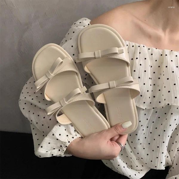 97 Style plat coréen pantoufles bas nœud papillon chaussures pour femmes 2024 mode d'été confort semelle souple plage femmes Zapatos De Mujer 43827