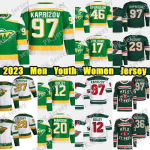 # 97 Kirill Kaprizov Camiseta de hockey retro inversa # 36 Mats Zuccarello Marc-Andre Fleury Jared Spurgeon Pat Maroon Foligno Brock Faber Joel Eri