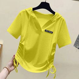 98% Katoenen T-shirts Vrouwen Onregelmatige Trekkoord Korte T-shirt Casual Capuchon Mouw Tops Zomer Trend Tshirt Y2k Kleding 240401