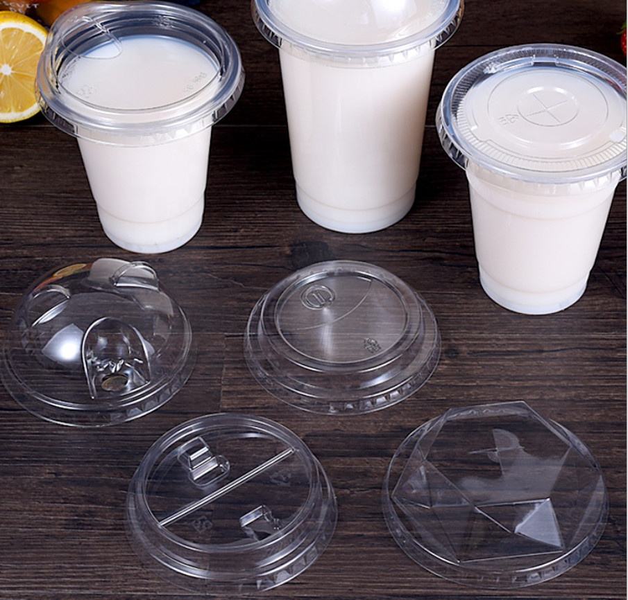 98 mm Crystal Clear PET Plastic Flat Lids With Straw Slot for 12,16,20&24 oz Milkshake and Iced Coffee cups
