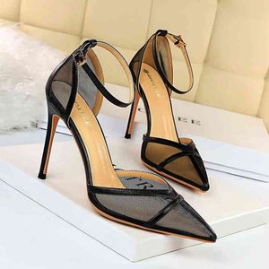 9863-2 Sandals Fashion Sexy High Heeled Sandals with Thin Heel Shallow Mouth Pointed Hollow One Line and Mesh