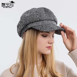 Chapeau octogonal en langue de canard pour femme, nouveau chapeau de journal rayé de style coréen et britannique, automne et hiver, 9872