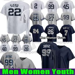 99 Aaron Judge Jerseys Hommes Jeunes Juan Soto Derek Jeter Enfants Baseball Jerseys cousus bleu blanc