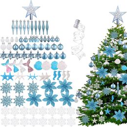 99 piezas de decoraciones navideñas con temática de Ocean Beach, adornos para árboles de Navidad costeros, juego de Navidad azul que incluye bola blanca azul para colgar copos de nieve