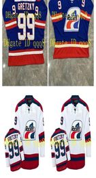 99 Wayne Gretzky WHA Racers Jersey Blauw Wit 197879 Vintage Gestikt met een willekeurige nummernaam Retro Hockey Jersey4249042