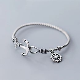 990 Silver Anchor Bangles vrouwelijke mode Thaise trend voor vrouwen Bracelet Twisted Rope Hand Sieraden 240424