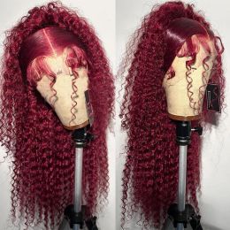 99j Burgandy Deep Wave 13x4 Pelucas de cabello humano con frente de encaje Remy brasileño 180% Peluca sintética sin cola frontal de encaje rizado de color rojo para mujeres