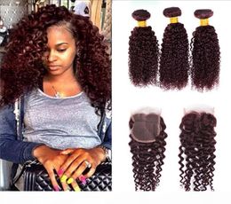 99J Bourgogne Brésilien Coiffure vierge bouclée pneosque avec 4x4 Clôture Brésilienne Human Curly Teave 3 Bundle with Middle Three L9340731