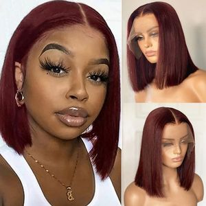 Perruque Bob Lace Front Wig indienne 100% naturelle, cheveux humains, bordeaux 99j, 13x4, densité 130%, 150%, 180%, soyeuse, lisse, 10-18 pouces