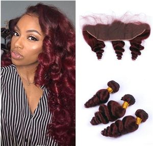 Trames de cheveux humains lâches et profondes bordeaux 99J, extensions de cheveux brésiliens avec Lace Frontal 13x4, vin rouge, couleur 7791012, lots de 3