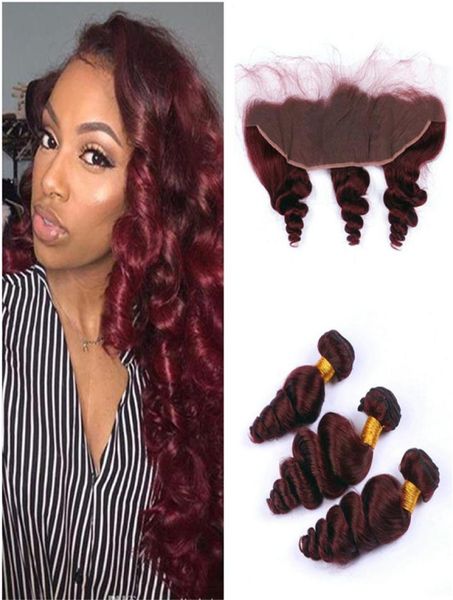 Trames de cheveux humains lâches et profondes bordeaux 99J, extensions de cheveux brésiliens avec Lace Frontal 13x4, vin rouge, couleur 2722203, lots de 3