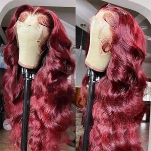 Perruque Lace Front Wig Body Wave naturelle rouge bordeaux 99J, cheveux naturels, Lace Frontal Transparent, couleur marron, densité 180, pour femmes