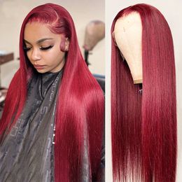 99J Borgoña color rojo hueso recto encaje Frontal pelucas de cabello humano para mujeres prearrancado HD transparente encaje Frontal peluca sin pegamento