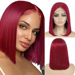 99J Bourgondië Kort Human Hair Bob Pruik 13x4 Frontal Pixie Cut Braziliaanse Maagd Straight Glueless Lace Voorpruiken voor zwarte vrouwen gekleurde wijn rood 4x4 Sluiting Bobpruiken