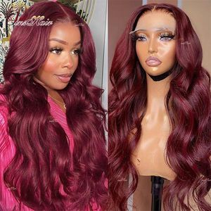 Perruque Lace Front Wig Body Wave naturelle Remy, couleur 99J, rouge bordeaux, 13x4, perruque Lace Front Wig transparente, pre-plucked, cheveux 180, pour femmes